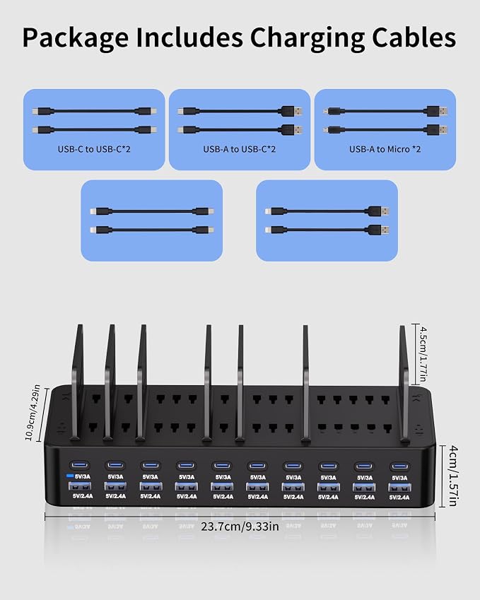 270W Charging Station for Multiple Devices, 20-Port USB Fast Charging Station with Adjustable Dividers & 10 Cables, Multi Device Organizer Charging Dock for iPhone, iPad, Tablets & More(Black)