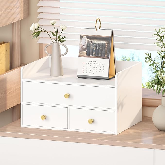 Bamboo Desk Organizer - Stackable, No Assembly Required, Ideal for Office/Home Use - Perfect for Toiletries, Stationery, Accessories. (White, Fence three Desk Organizer)