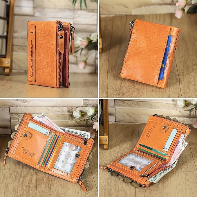CONTACTS Soft Leather Wallet for Women Small Bifold Coin Purse Double Zipper Card Holder with RFID Blocking (Light Orange)