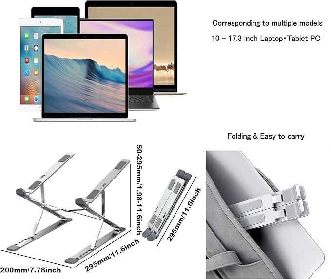Adjustable Laptop Stand, Portable Aluminum Holder for 10-17" Laptops & Tablets, Ergonomic Riser for Desk, Lightweight Foldable Design for Home Office & Travel, Silver