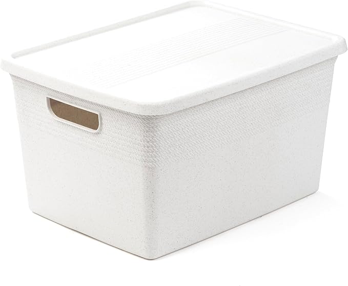 BINO | Plastic Storage Bins with Lids, 22 Liter - 3 Pack, White | THE BRAIDED COLLECTION | Plastic Bins for Organization Woven Storage Baskets for Organizing Pantry Shelf Organizer Basket Bin
