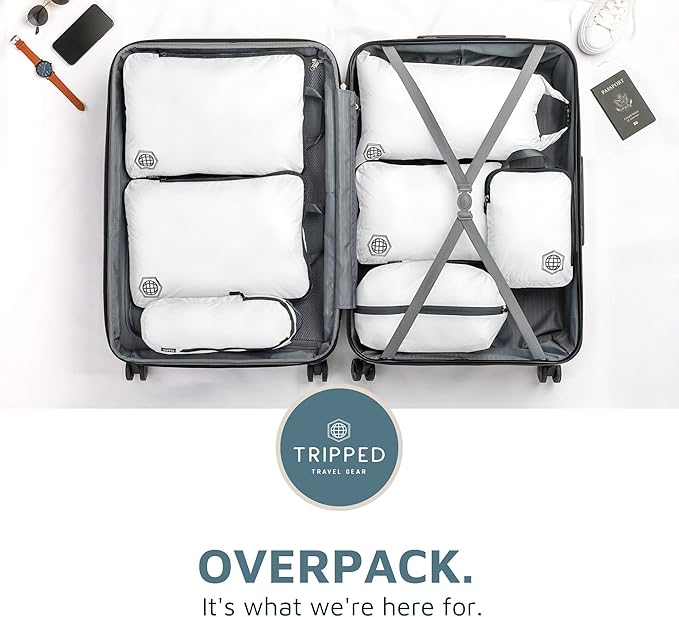 Large Compression Packing Cubes for Travel-Packing Cube Luggage Organizers 7 Piece Set for Checked Luggage-Ultralight, Expandable/Compression Bags by TRIPPED Travel Gear (White/Grey)