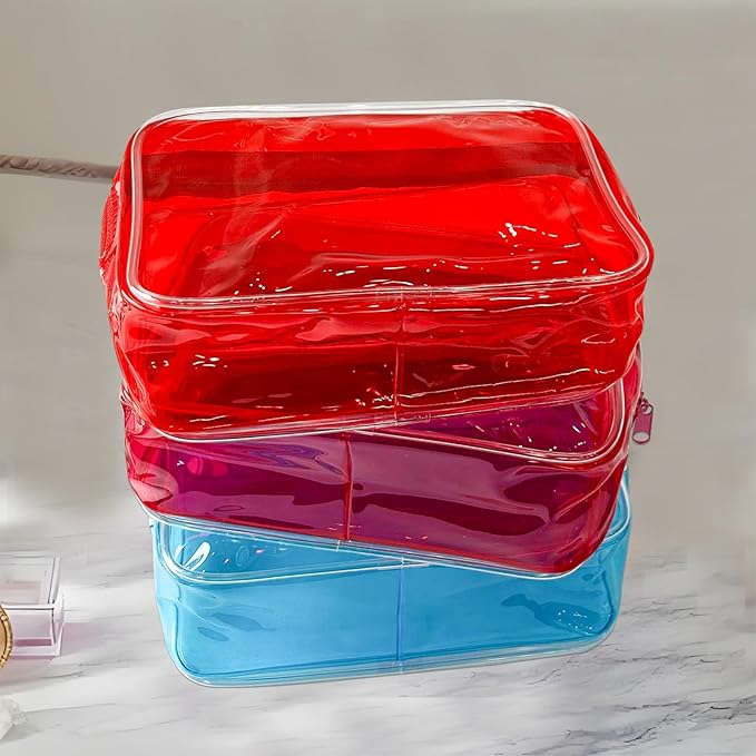 Neon TSA Approved Clear Toiletry Pouch, 7"x2.3"x4.7" Size, PVC Travel Makeup Bags for Toiletries, Transparent Cosmetic Bag for Women and Men Small (black+clear+red+blue+dark red)