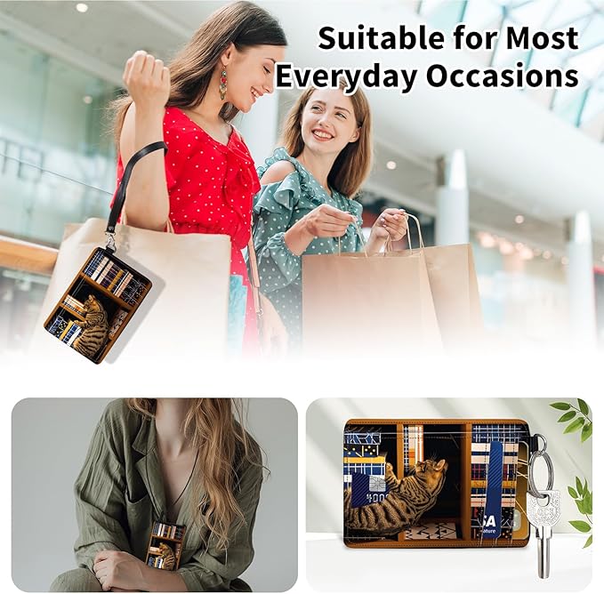 Slim Minimalist Front Pocket Wallet,Credit Card Holder Wallet for Women Men,RFID Blocking Credit Card Holder Case Leather Cute Small Thin Wallet ID Window&Wrist Strap,Bookshelf Cat