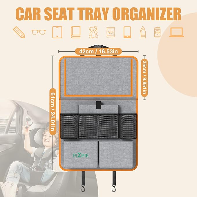 Plzpik Car Backseat Organizer with Tablet Holder,11 Storage Pockets with Foldable Food Tray, Protector Kick Mats for Kids, Travel Accessories Organizer (Orange, 2Pack)