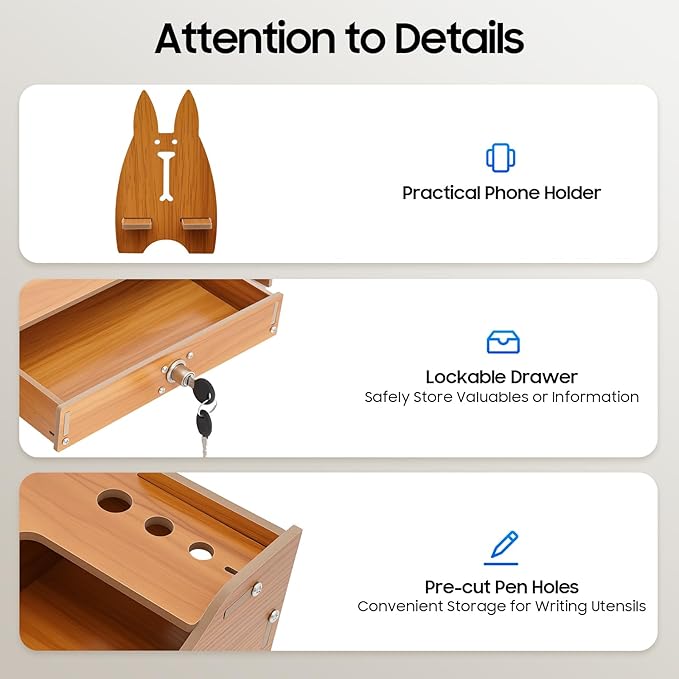Monitor Stand Wooden Desktop Organizer with Lockable Drawers & Keys & Phone Holder Vintage Multi Compartment Desk Shelf for Home,Office (Z0802)