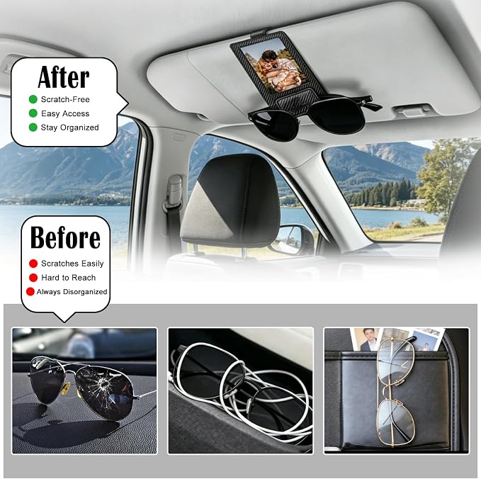 Magnetic 2-in-1 Sunglass & Photo Holder for Car Visor, Leather Anti-Slip No-Fall No-Slide, Fits SUV Truck RV