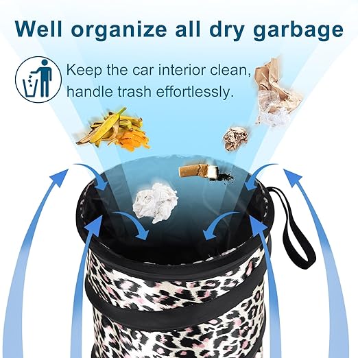 Car Trash Can, 2 Packs Mini Collapsible Car Trash Bin for Front Back Seat, Pop up Car Garbage Can, Portable Car Trash Bag Hanging for Vehicle SUV Rv Truck Accessories Interior, Leopard Print
