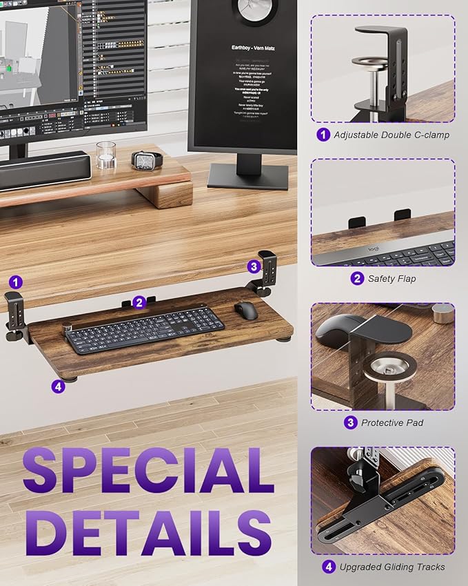 Ergonomic Mouse & Keyboard Tray Under Desk, Pull Out with Adjustable C-clamp, 20 (25.9 Including Clamps) x 11.8 Inch Slide Out Computer Keyboard Drawer Mouse Tray for Typing, Rustic Brown