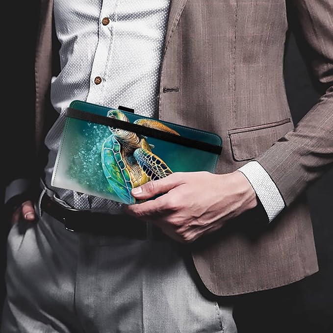 FUYOCWE Checkbook Covers for Personal Checkbook,Leather Checkbook Cover for Business/Personal Checks,RFID Blocking Check Book Cover Holder Wallets for Men Women-Green Sea Turtle