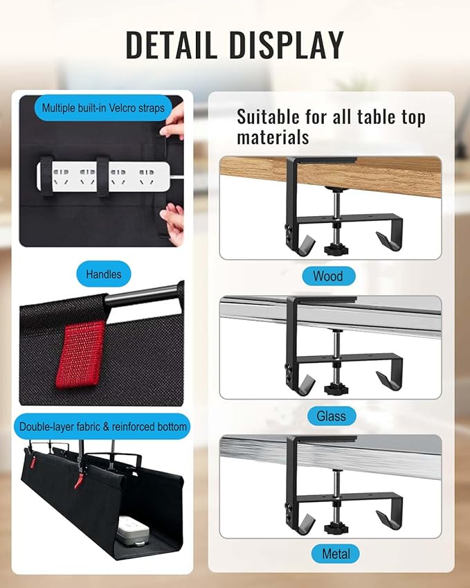 No Drill Cable Management Under Desk, 48" Cord Organizer for Table, Clamp/Screw Mount Cable Tray, Premium Black Fabric Desk Cord Management Tray for Office, Home (Extra Large (48 Inch))