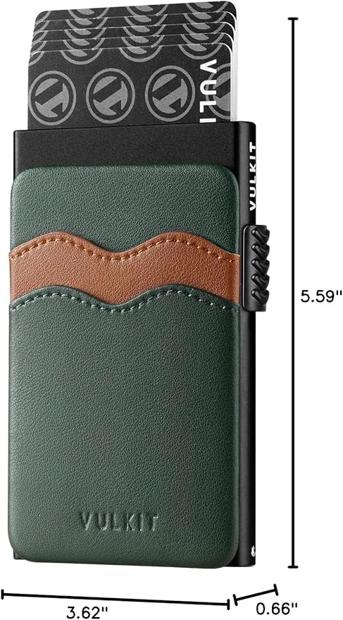 VULKIT Credit Card Holder Minimalist Slim Pop Up Wallet with Leather Slots RFID Blocking for Men and Women Holds 7 Cards and Notes Green