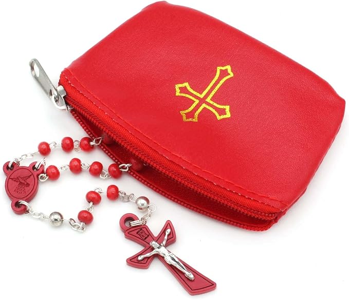 Red Rosary Pouch with Zipper & Gold St. Thomas Cross Imprint | Compact Leatherette Rosary Case for Small to Medium Rosaries | Protective Travel Rosary Holder for Men & Women