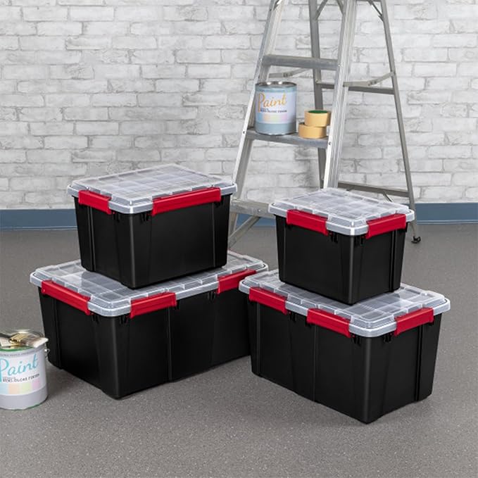 Sterilite 16 Pack Gasket Box, Stackable Plastic 8.5 Gallon Storage Container with Lids, Black - Waterproof and Dustproof Tote for Home Organization