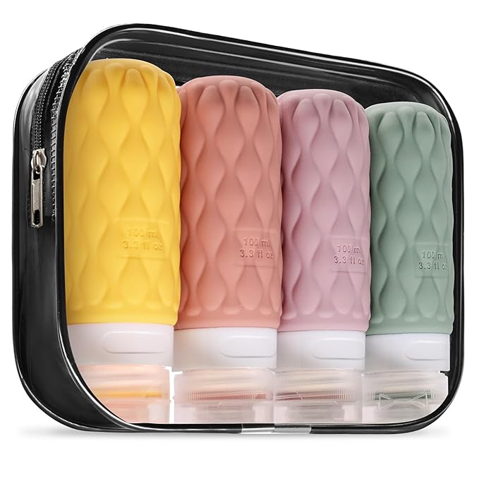 100 ml Silicone Travel Bottles for Toiletries with Labels/Clear Bag, Holiday Travel Essentials Leakproof Refillable Squeeze Travel Size Containers Set for Shampoo and Conditioner