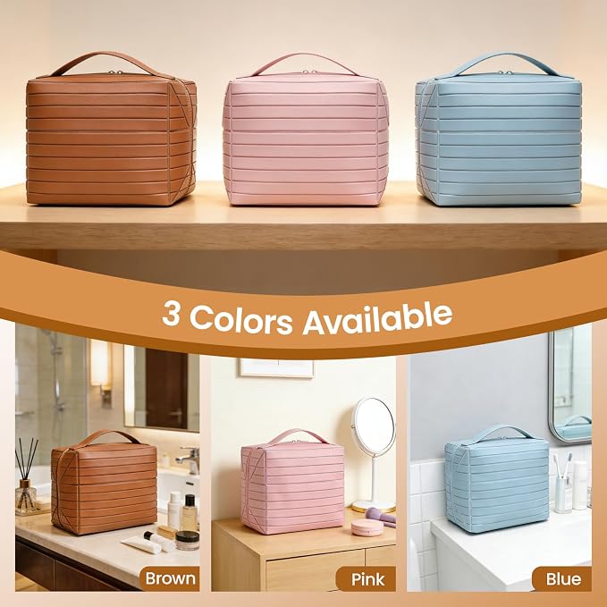Fold Down Standing Makeup Bag – Large Travel Toiletry Organizer (Brown) | Parallel design, waterproof PVC, stands upright or folds flat. Full-size cosmetics & Toiletries. Ideal for travel, gym, home.