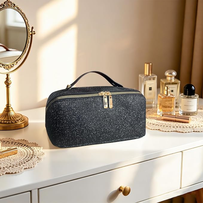 Travel Makeup Bag with Compartments & Organizers – Flat Open Cosmetic Pouch for Women, Purse-Style Design for Traveling, Perfect for Toiletries & Cosmetics Black