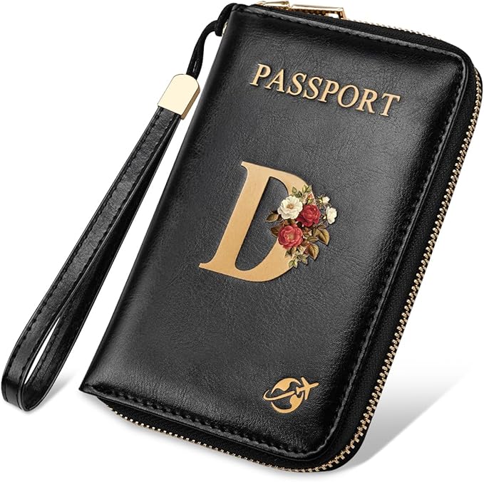 Passport Holder Cover Wallet with Zipper Personalized Initial Letter D Rose Flower RFID Blocking Travel Wallets Credit Cards Holder for Women, Gift for Wife and Girlfriend,D
