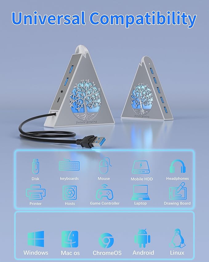 7-Port USB 3.0 Hub, Silver Vertical USB Expander with Tree-Themed RGB Lighting, 5Gbps Transfer Speed, 2FT Extension Cable, for MacBook, Laptop, Desktop, Xbox, Flash Drive, Printer