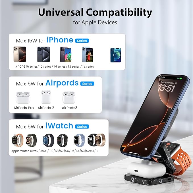 KU XIU X55 Nature Series Fast Magnetic Wireless Charger, Foldable 3 in 1 Charging Station for Apple, Mag-Safe Travel Charger Stand for iPhone 17 16 15 14 13 Series, Apple Watch & AirPods-Marble Black
