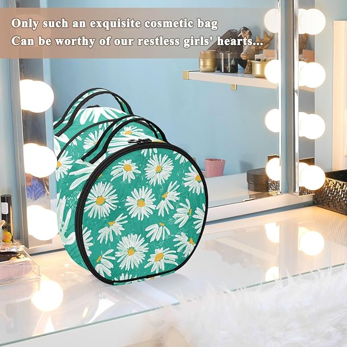 senya Round Cosmetic Pouch Travel Makeup Train Case Green Chamomile Makeup Organizer Bag with Adjustable Dividers Portable for Cosmetics Makeup Brushes Toiletry Jewelry Accessories