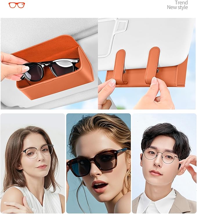 Car Sunglasses Holder, Large Capacity Universal Fit Magnetic Closure Clip-On Visor Accessories Glasses Protective Storage Box for Man Women Orange