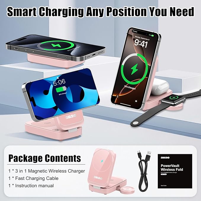 3 in 1 MagSafe Wireless Charging Station, 15W Magnetic Fast Charger for iPhone 17/16/15/14/13/12 Series, Apple Watch & AirPods, Foldable Portable Charging Stand for Desk, Bedside & Travel, Pink