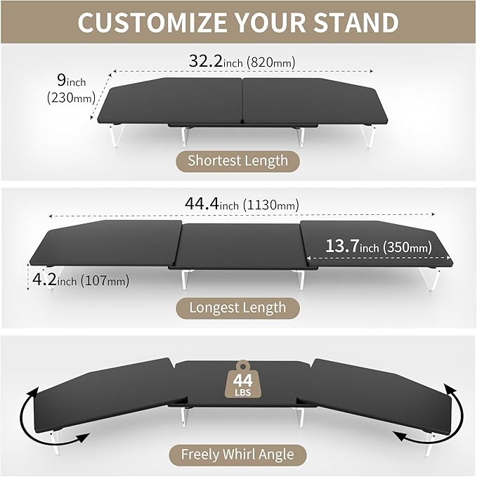 AFOOYO LED Dual Monitor Stand Riser for 2 Monitors,Office Desktop Wooden Stand Adjustable Length and Angle 3 Shelf,Extra Long Multifunctional Stand up to 44.4" for Computer,Laptop,TV,Black