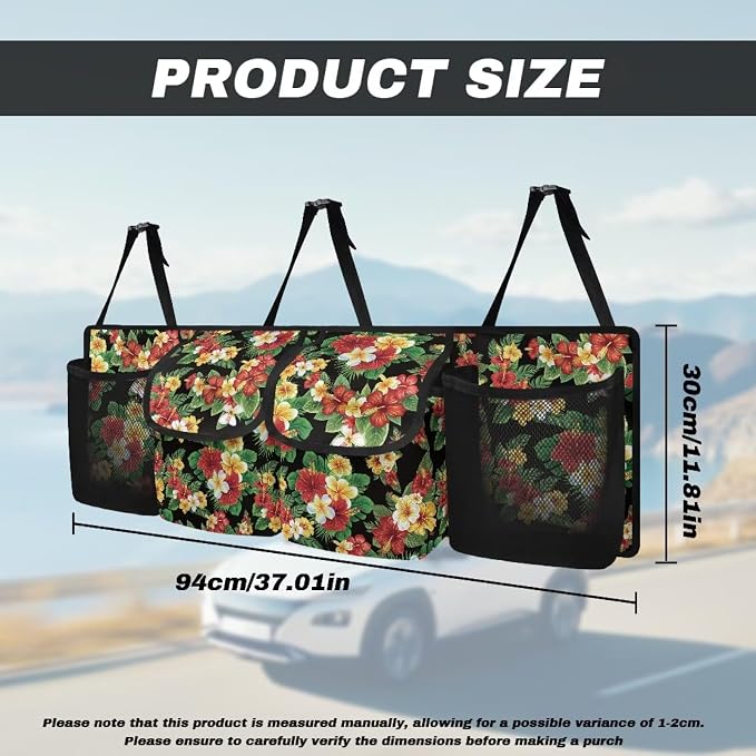 Tropical Flower Leaves Auto Back Seat Trunk Organizer Hanging Car Organizer Trunk Foldable Cargo Storage with 4 Large Pockets 3 Adjustable Straps 37x11.8inch