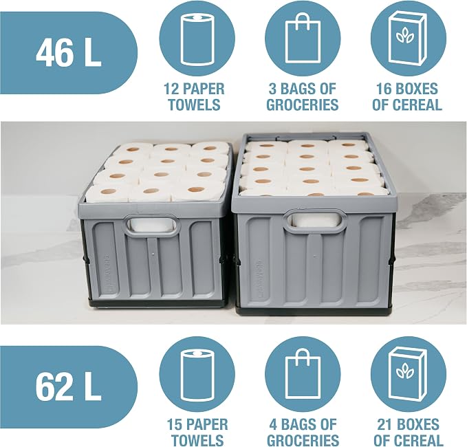 CleverMade Collapsible Storage Bins with Lids (62L, 3 Pack) – Heavy Duty Foldable Plastic Storage Crates for Garage, Closet & Trunk Organization - Stone