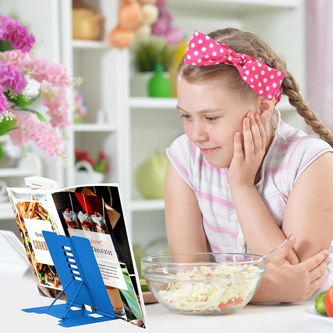 Honagu Small Book Stand and Holder - Metal Desk Stand for Hands-Free Reading, Adjustable for Cookbooks, Music Books, Tablets, IPads (Deep Blue)