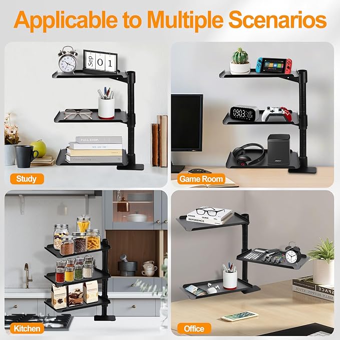 3 Tier Clamp On Desk Shelf,360° Rotatable Adjustable Above or Under Desktop Organizer,Carbon Steel Storage Tray for Home Office and Gaming Accessories(Black)