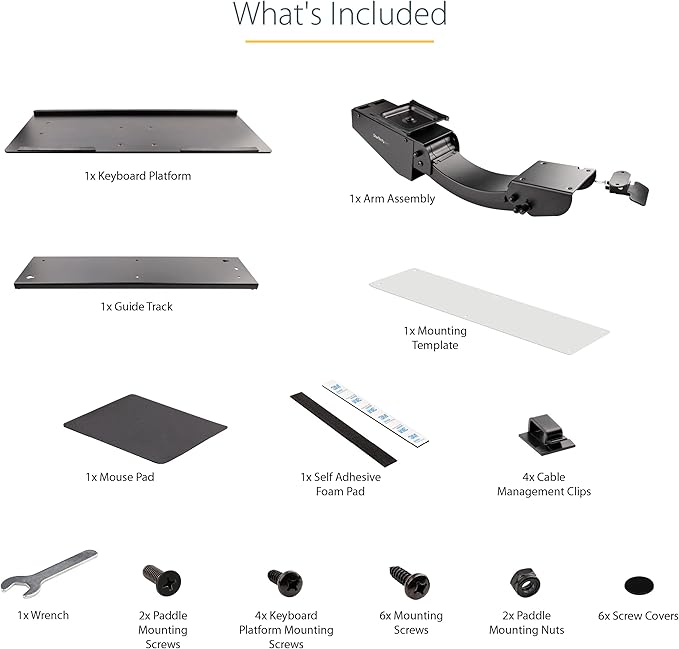 StarTech.com Under Desk Keyboard Tray - Full Motion & Height Adjustable Keyboard and Mouse Tray, 10"x26" Platform - Ergonomic Desk Mount Computer Keyboard Tray with Mouse Pad & Wrist Rest (KBTRAYADJ2)