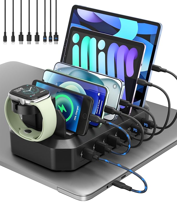 95W Fast Charging Station for Multiple Devices【Patent & Safety Certs】 6-Port USB Charging Dock with 2 PD Ports Compatible with Cellphones/iPad/MacBook/Kindle/Tablets (8 Mix Cables & 2 Stands Included)