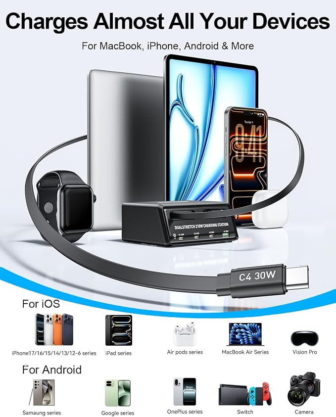 Retractable Charger, 6-in-1 210W GaN USB C Charging Station for Multiple Devices, Dual 2.3ft Built-in Retractable Cables, PD 45W Fast Usbc Desktop Charger for iPhone 17/16/15, Galaxy S26, and More