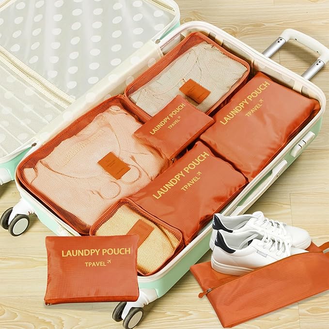 8 Set Packing Cubes for Travel Luggage Packing Bags Reusable Waterproof Suitcase Organizer Cubes Set with Shoe Bag and Toiletry Bag (Orange)