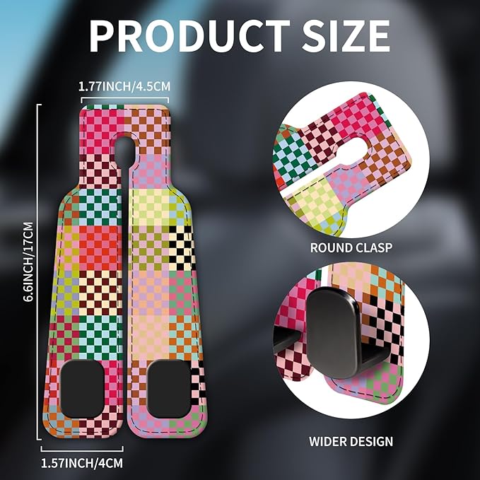 Car Seat Headrest Hook, Universal Leather Cute Hanger Holder Hook, Storage Organizer Interior Accessories for Purse Bags Handbag Colorful Cute Plaid