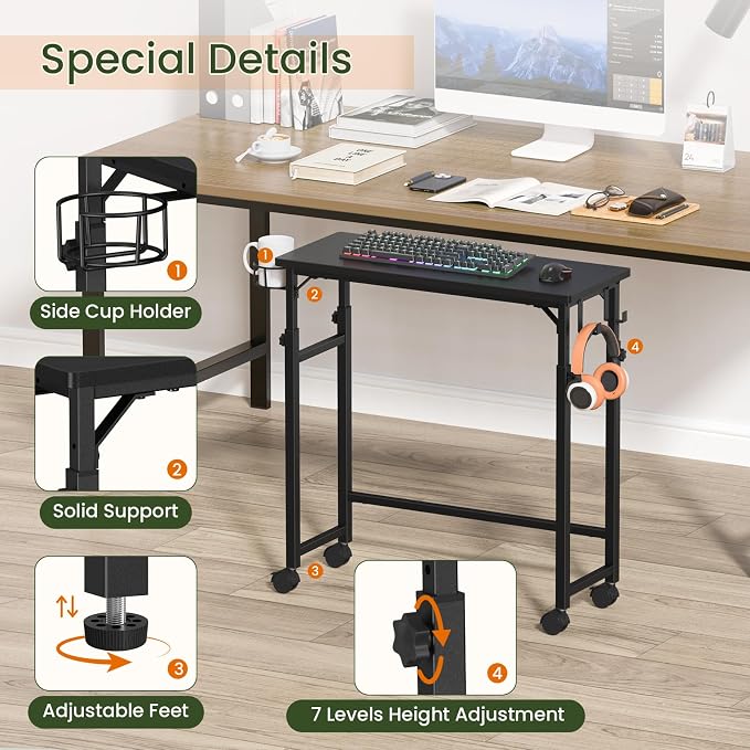 Snughome Mobile Keyboard Tray with Wire Cup Holder & 2 Storage Hooks, Height Adjustable 27.5"–44.4", Rolling Standing Desk Keyboard Platform with Lockable Casters for Home Office, Black