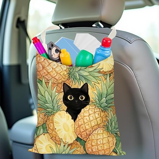 Black Cat Car Trash Bag, Pineapple Car Trash Bag Hanging, Pineapple Accessories, Summer Decor Waterproof Cars Back Seat Hanging Organizer Garbage Can for Vehicle Travelling Camping