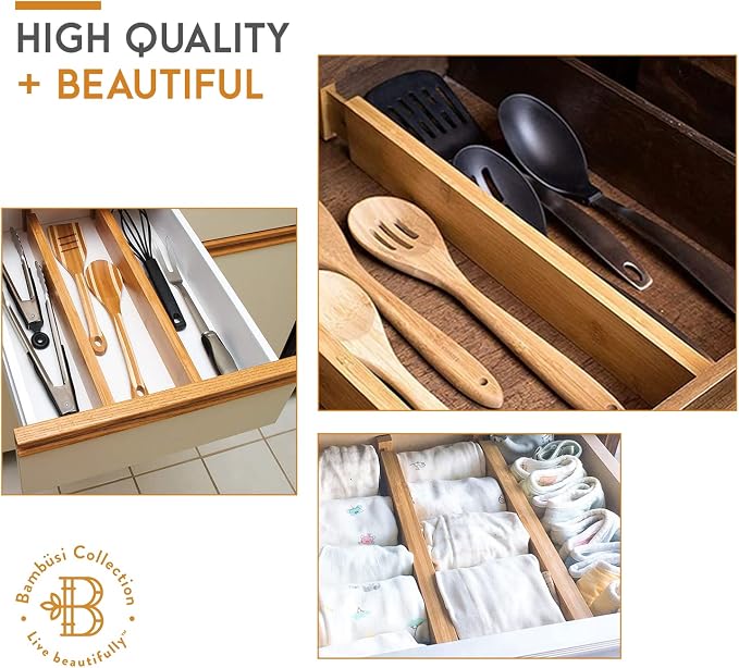 Drawer Dividers - 2.6 Inches High, Adjustable 16 to 22 Inches Bamboo Drawer Organizer, Large Expandable Separator for Clothes, Dresser, Bedroom, Bathroom, Baby, Office, Kitchen Utensils, 4PK, Natural