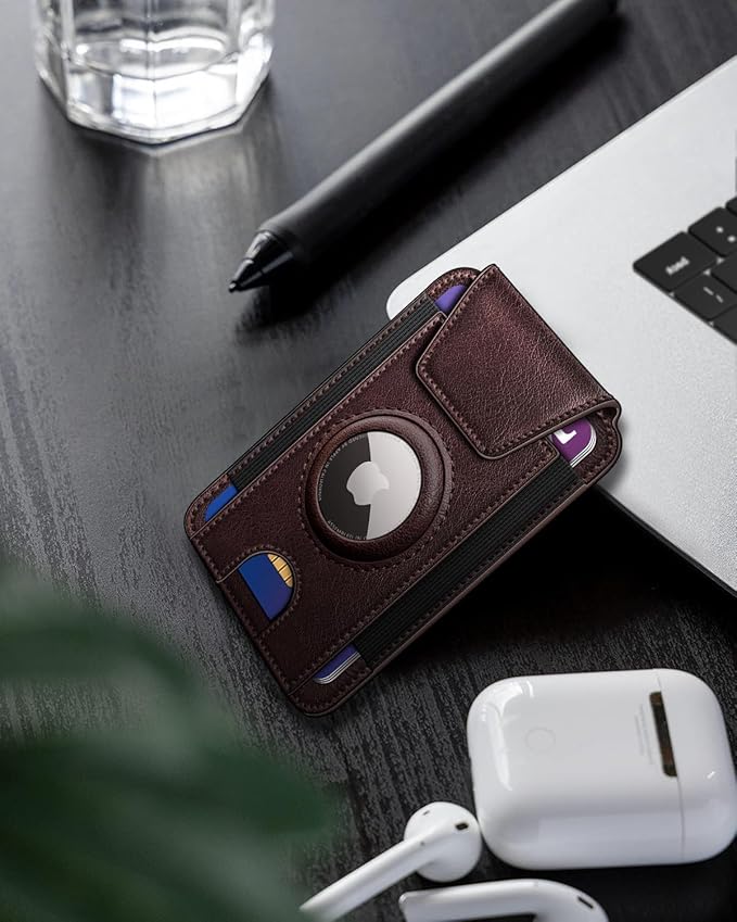 miyozi Ultra Slim AirTag Card Holder for Men - RFID Blocking Minimalist Wallet with Magnetic Flap, 0.25" Thin No Bulge Pocket Wallet, Holds 6-8 Cards with ID Window, Gift Boxed