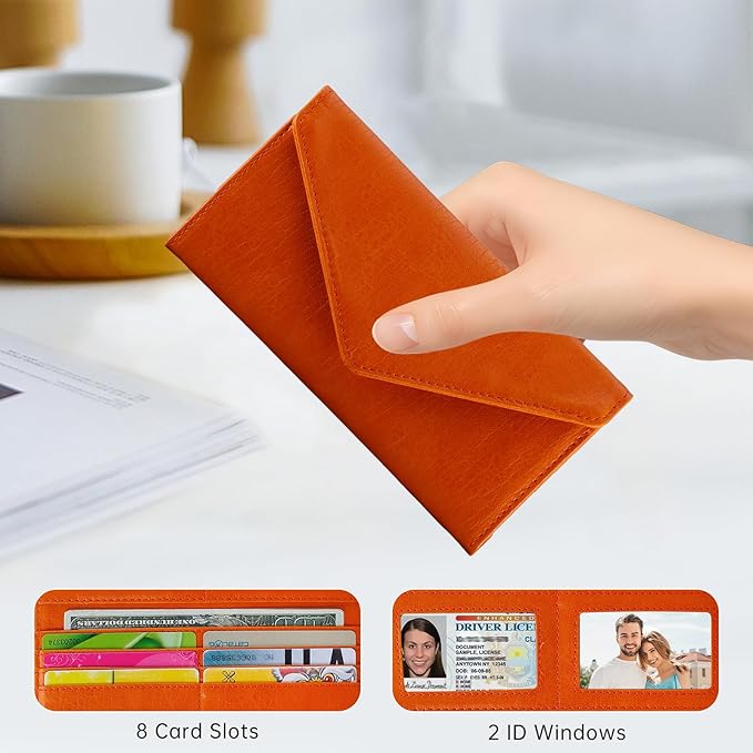 RFID Slim Wallet for Women Thin Card Holder Travel Trifold Clutch Ladies Long Billfold, 2 ID Windows, Orange