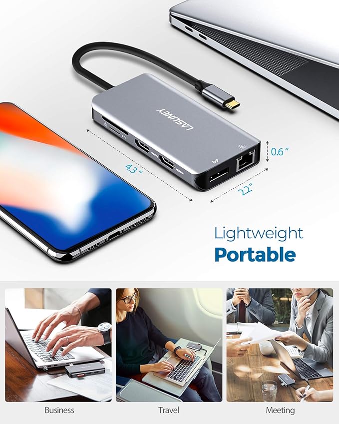Lasuney Triple Display 10 in 1 USB Type C HUB with to 2 HDMI, Displayport, PD3.0, Ethernet, 3 USB Ports, SD/TF, Multiport Adapter Docking Station Dongle for Laptop