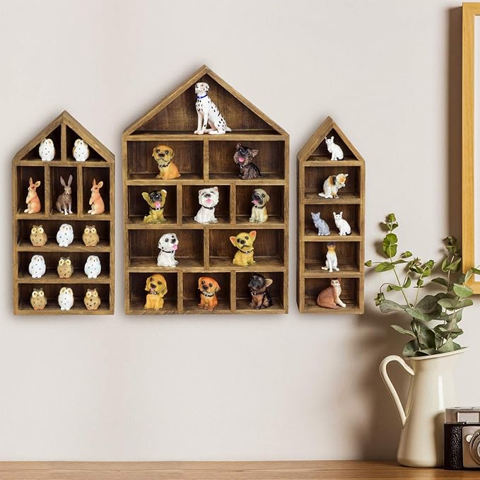 Ikee Design House-Shaped Wooden Shadow Cubby Box Display Shelf Organizer Storage Shadow Box for Mini Figures, Set of 3, Brown Color, 10 W x 2 1/4 D x 15 H in