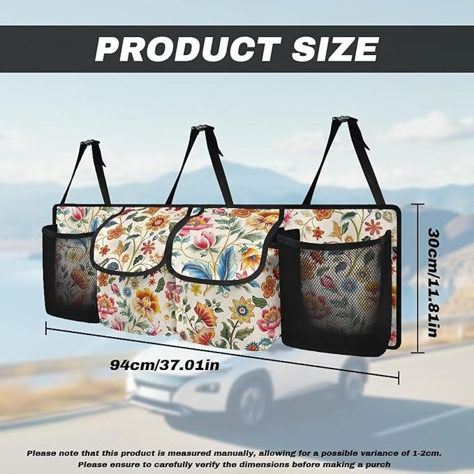 Flower Printing Car Trunk Organizer with 4 Storage Bag Hanging Car Organizer Storage Bag with Lids Collapsible Cargo Bag Free Your Trunk Floor Space