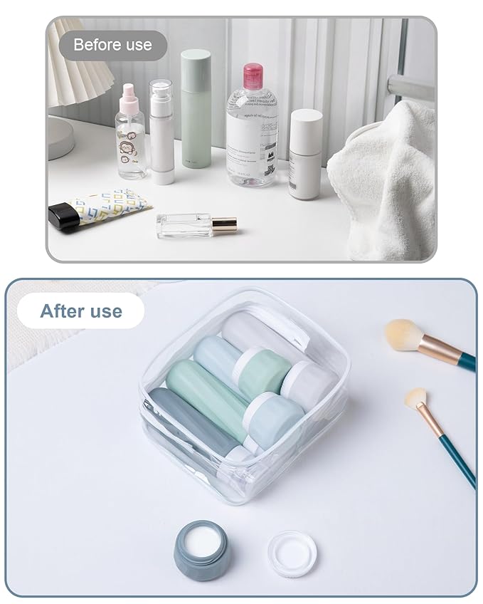 Mrsdry Travel Bottles for Toiletries 8 Pack, Travel Size Toiletries, Tsa Approved Travel Size Containers 3oz, with Travel Essentials Clear Bag, Leak Proof Silicone Squeezable Creams Jars