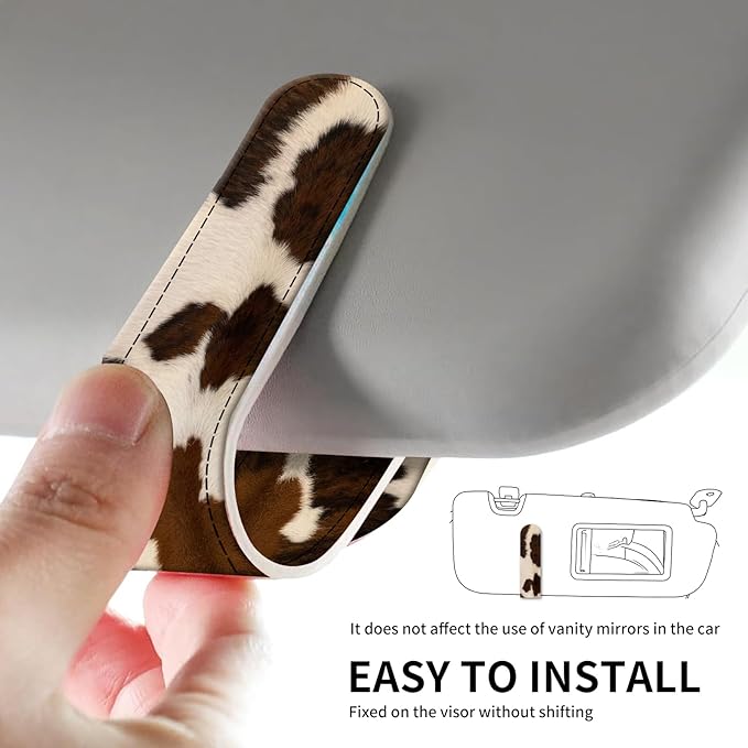 Leather Magnetic Sunglass Holder for Car Sun Visor, Cute Eyeglass Ticket Card Hanger Clip, Universal Auto Interior Accessories for SUV Pickup Truck Brown Cow Print