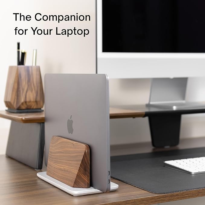 Vertical Laptop Stand, Solid Black Walnut Body & Silver-Finished Ash Wood Base, Wood Laptop Holder Vertical for Desk - Adjustable Dock (0.47"-1.57" Width) Fits Most Laptops, MacBooks