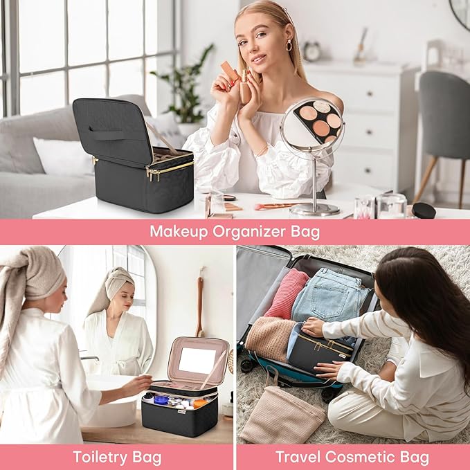 HXLGMD Large Makeup Bag with Mirror Double Layer Travel Make Up Organizer Case, Large Capacity Coemetic Bag with Brush Slot Divider