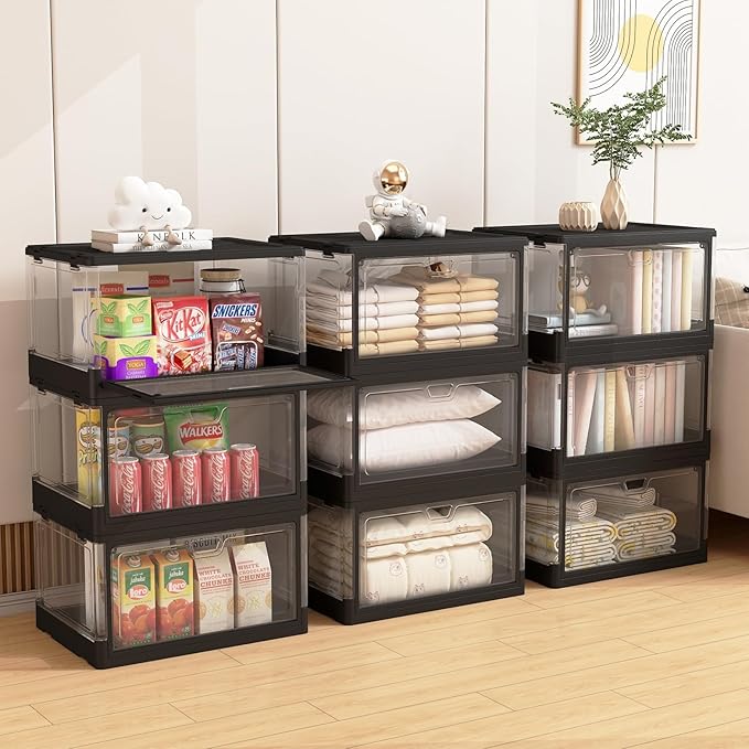 HYBRIDEAS 3-Pack Clear Stackable Storage Bins with Lids Magnetic Doors Open Front Foldable Folding Plastic Craft Containers Large Closet Organizers Box for Bedrooms Living Rooms Study 24 QT